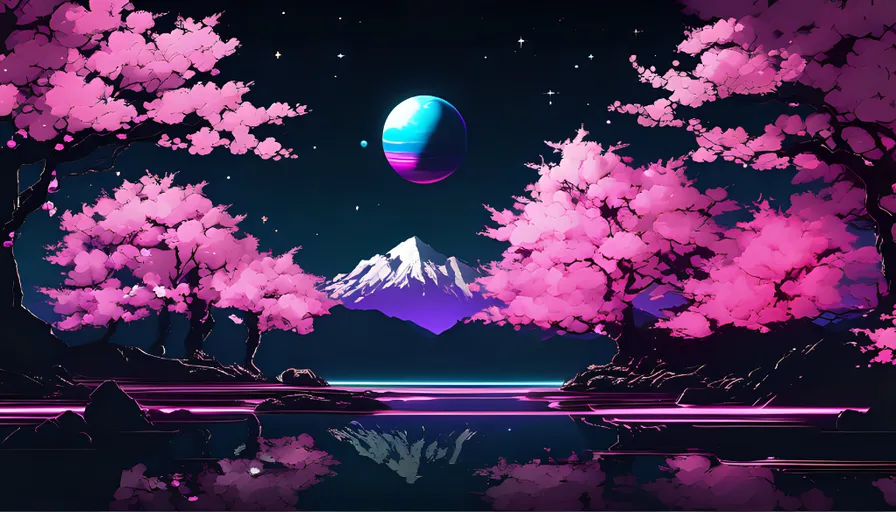 a painting of a night scene with mountains and cherry blossom trees and a blue and pink planet with a river down the middle