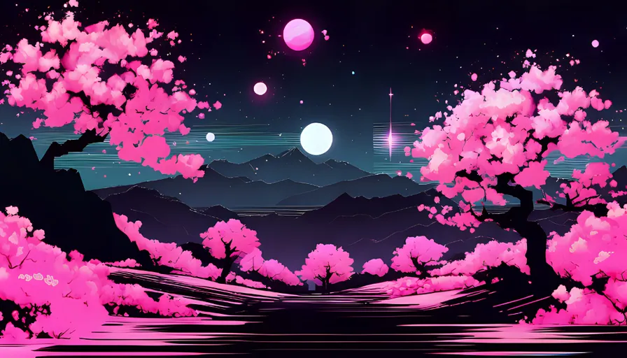 a night scene with pink trees and mountains