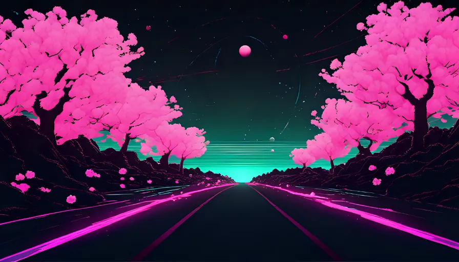 a digital painting of pink trees on a road