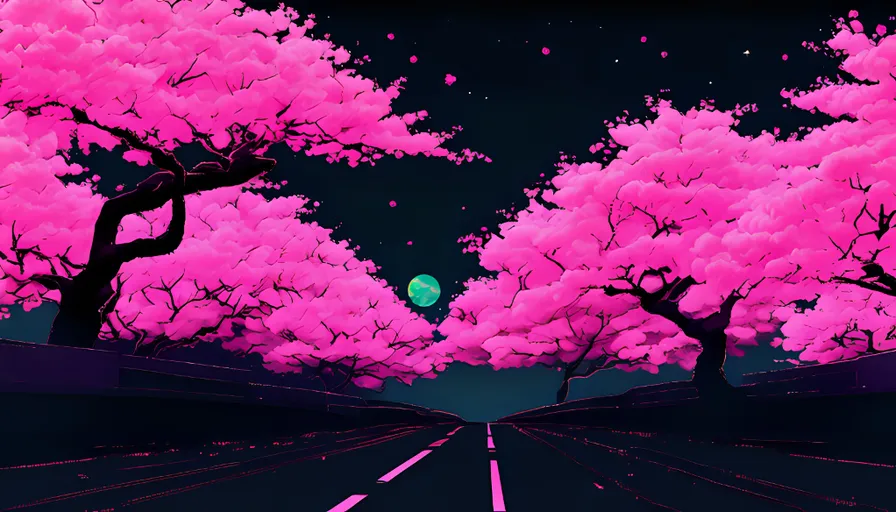 a painting of pink trees and a green ball