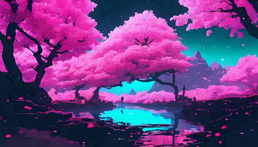 a painting of a pink forest with a lake in the foreground