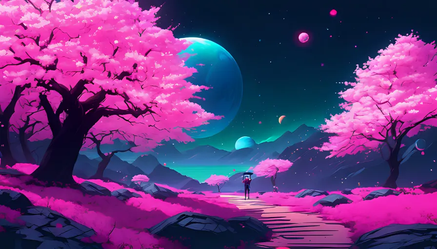 a painting of a person standing on a path surrounded by rocks and cherry blossom trees and grass, with mountains and planets off in the distance