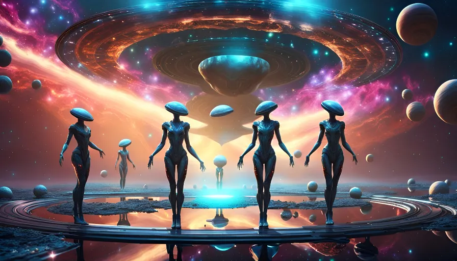 a group of alien standing in front of a space scene