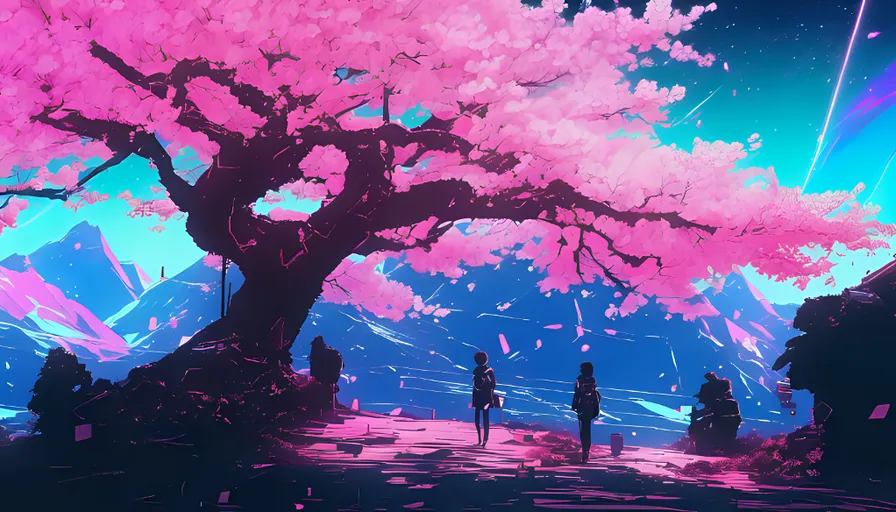 a group of people standing under a pink tree