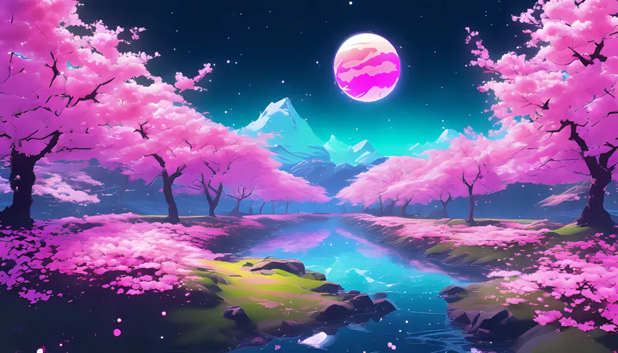 a painting of a river with pink cherry blossom trees on both sides and mountains in the background with a pink planet above