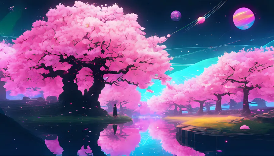 a painting of pink cherry blossom trees with a river going down the middle and planets in the background sky