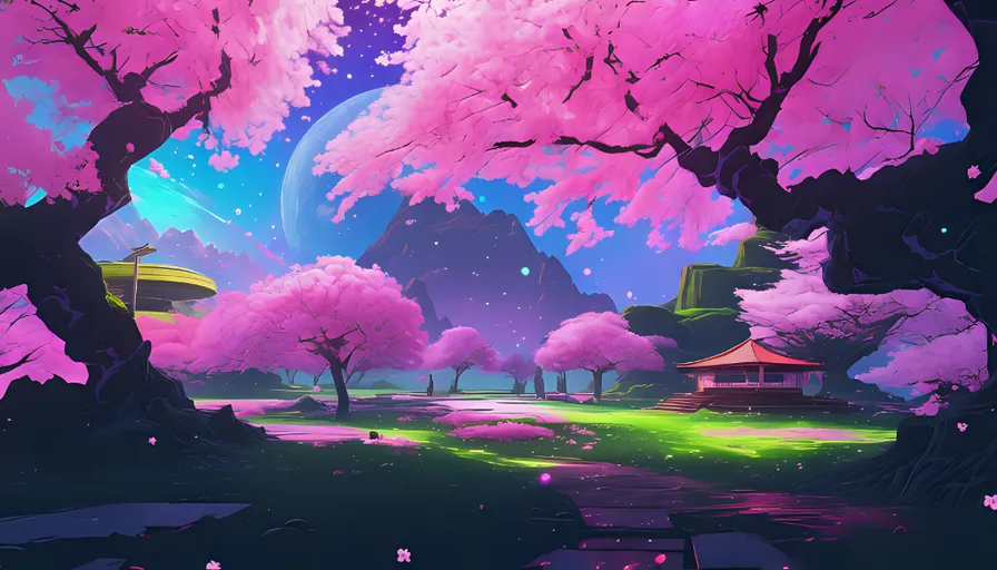 a painting of a landscape with pink trees