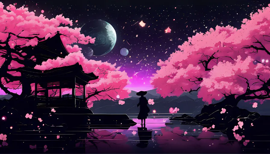 a painting of a person standing next to a pagoda with cherry blossom trees on both sides and moons and stars in the night sky