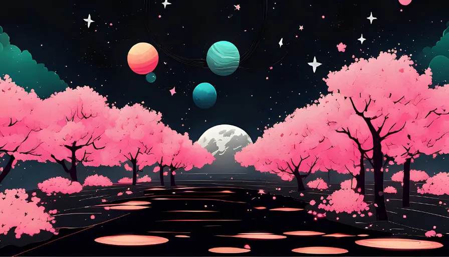 a painting of pink trees and planets in the sky