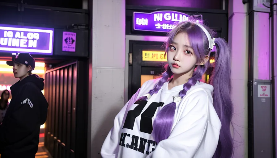 a girl with long purple hair standing in front of a door