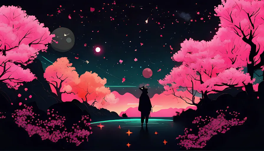 a painting of a man standing in the middle of a cherry blossom forest with with a bluish floor and stars and planets in the night sky