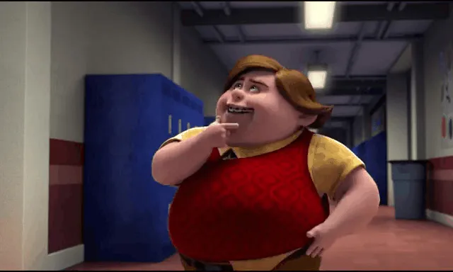a cartoon image of a person in a hallway