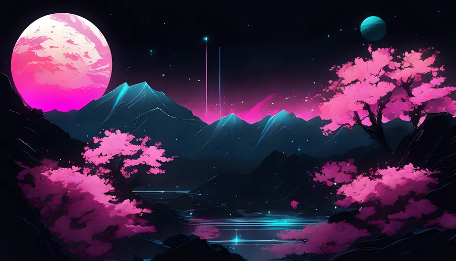 a painting of a night scene with mountains, cherry blossom trees, and a lake with a pink planet on the left and a small blue one on the right sky