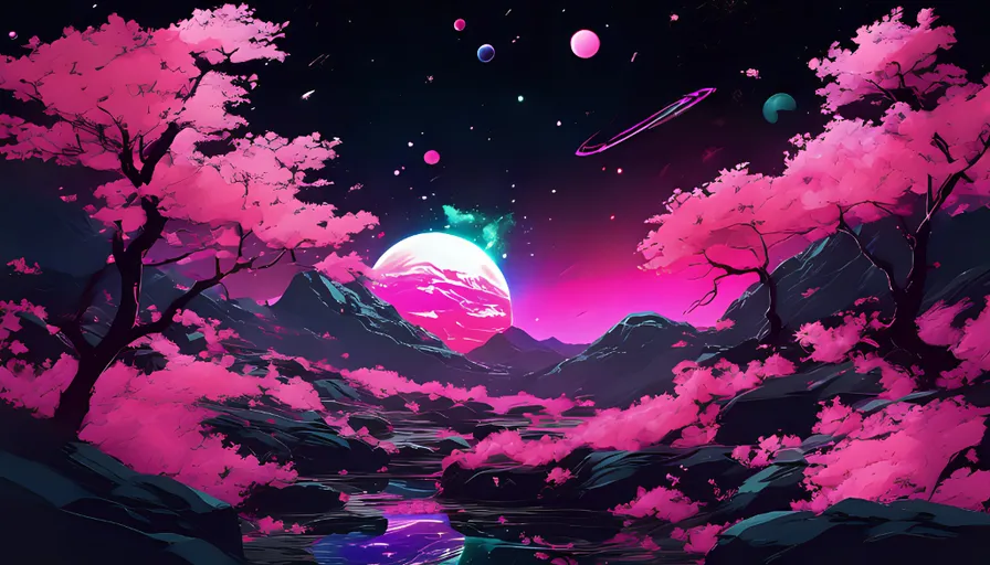 a painting of a landscape with mountains, cherry blossom trees, and planets in the sky