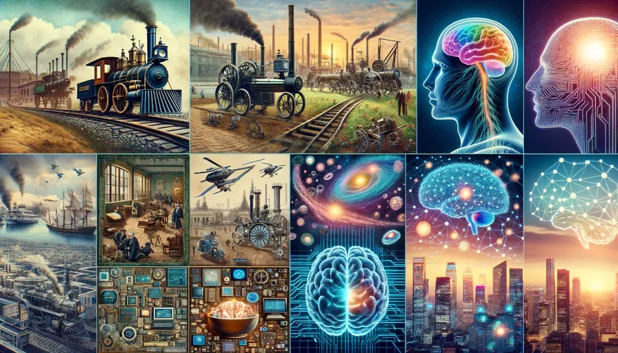 a collage of images with a train, a train, and a human head