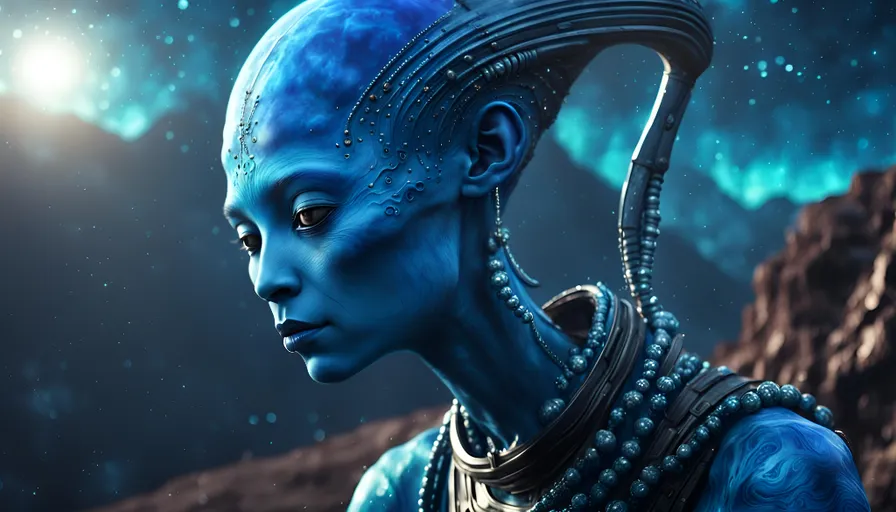 an alien woman with blue hair and blue skin