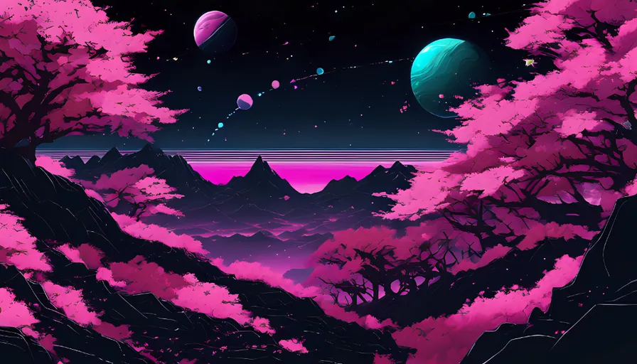 a painting of a landscape with mountains and planets with cherry blossom trees all over