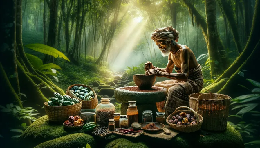 a painting of a Mayan sitting in the middle of a forest processing raw cacao