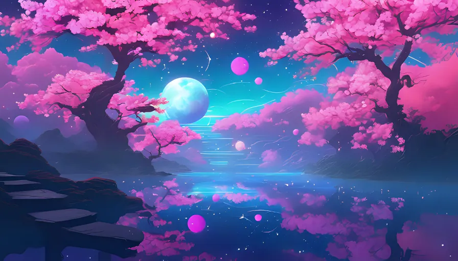 a painting of a river with pink cherry blossom trees in the background with a moon and other planets in the sky