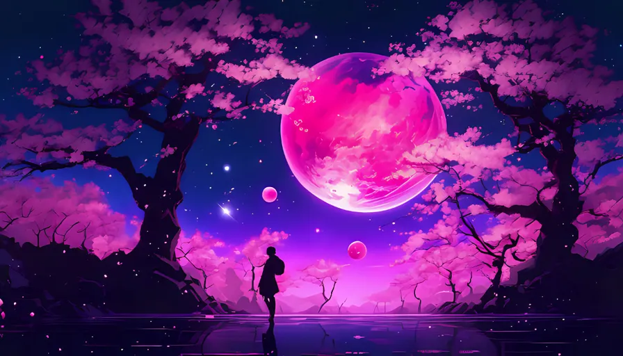 a person standing in front of cherry blossom trees with a sky filled with stars and a giant pink planet, everything reflecting underneath