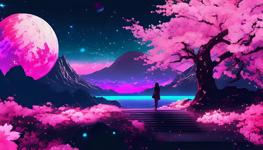 a person standing in front of a cherry blossom forest at night with mountains in the distance and a pink planet on the left