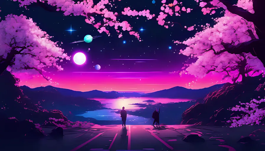 a painting of two people standing in the middle of a cherry blossom forest at night with a river in front of them and stars and planets in the sky