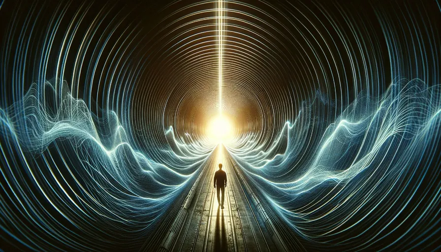 a man is walking through a tunnel of light