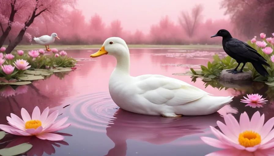 a painting of a duck and a duckling in a pond