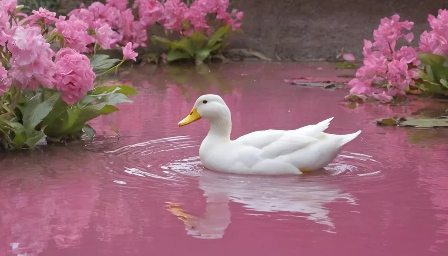 a white duck swimming in a pond with pink flowers