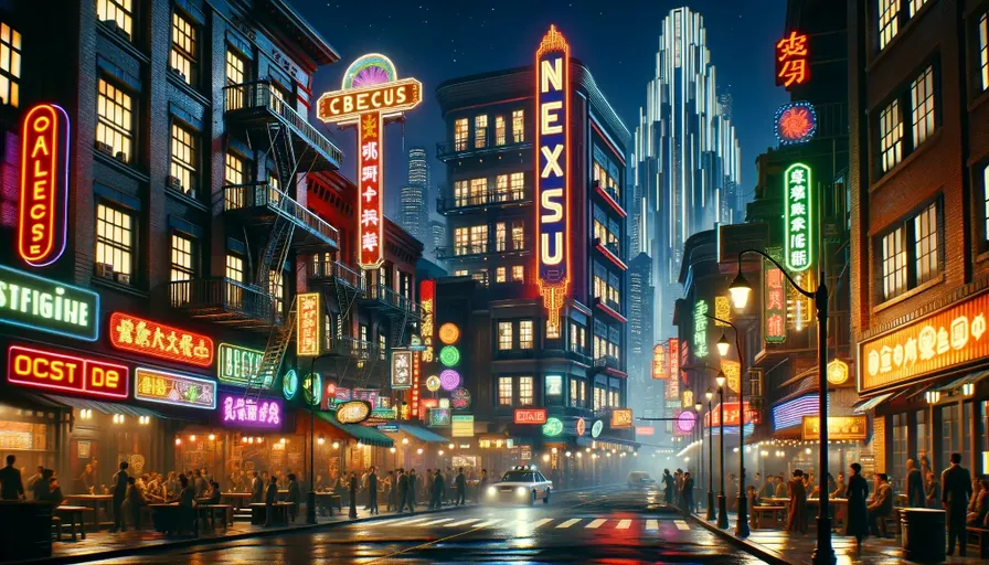 a painting of a city street at night