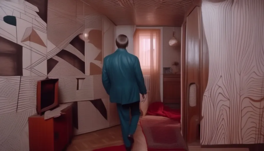 a man in a blue suit walking down a hallway