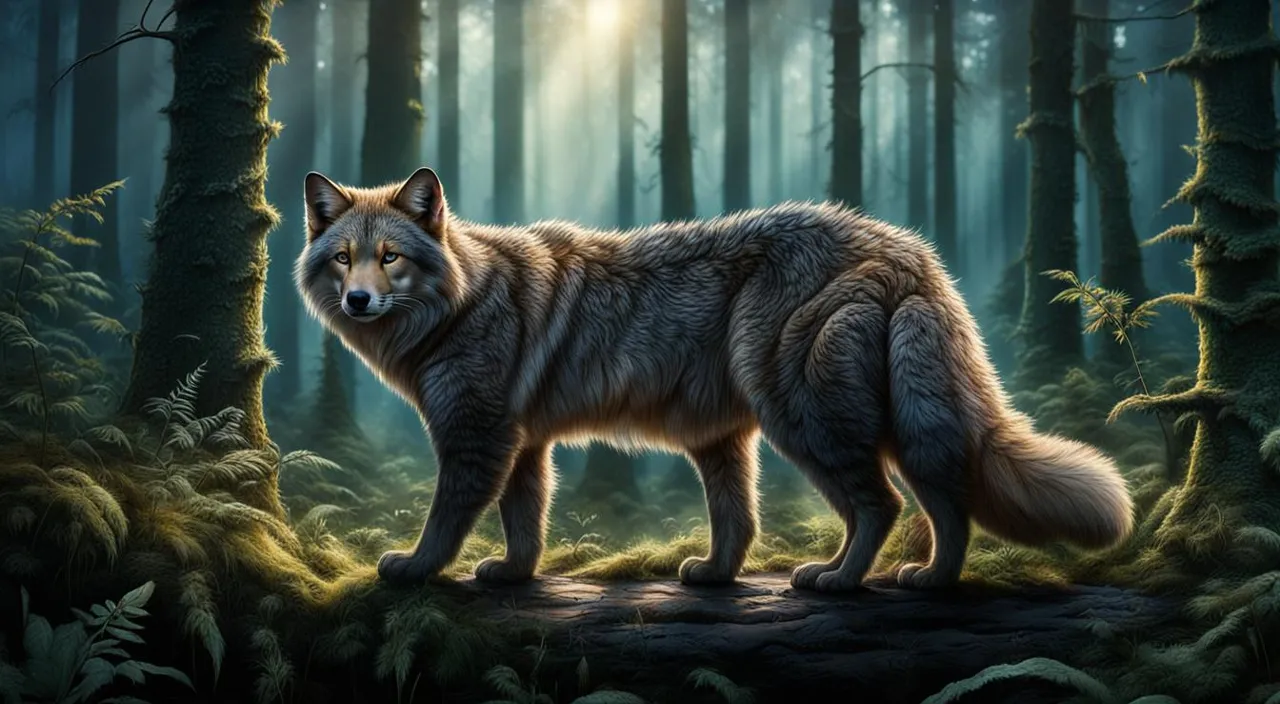 a painting of a wolf standing in a forest