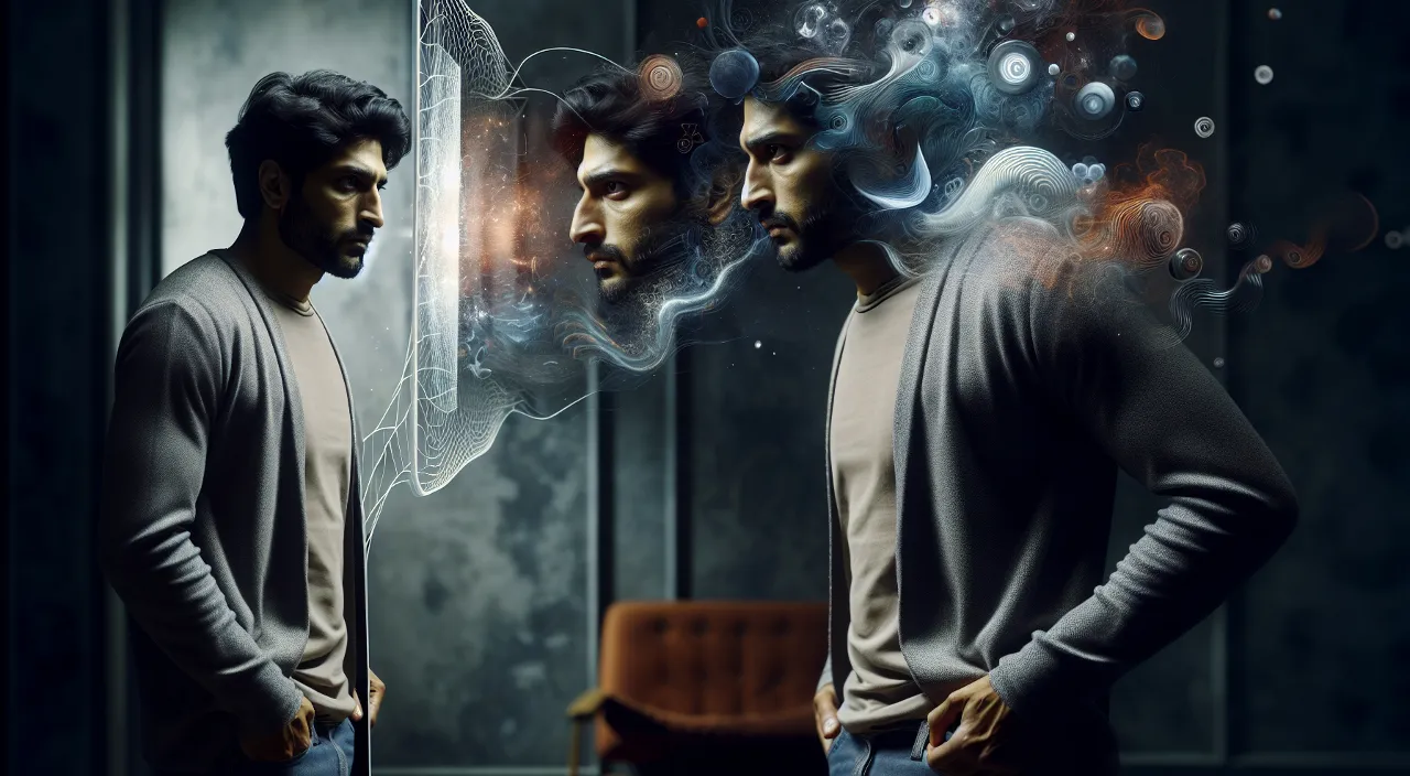 The man protagonist stops to observe a reflection of themselves in a mental mirror.