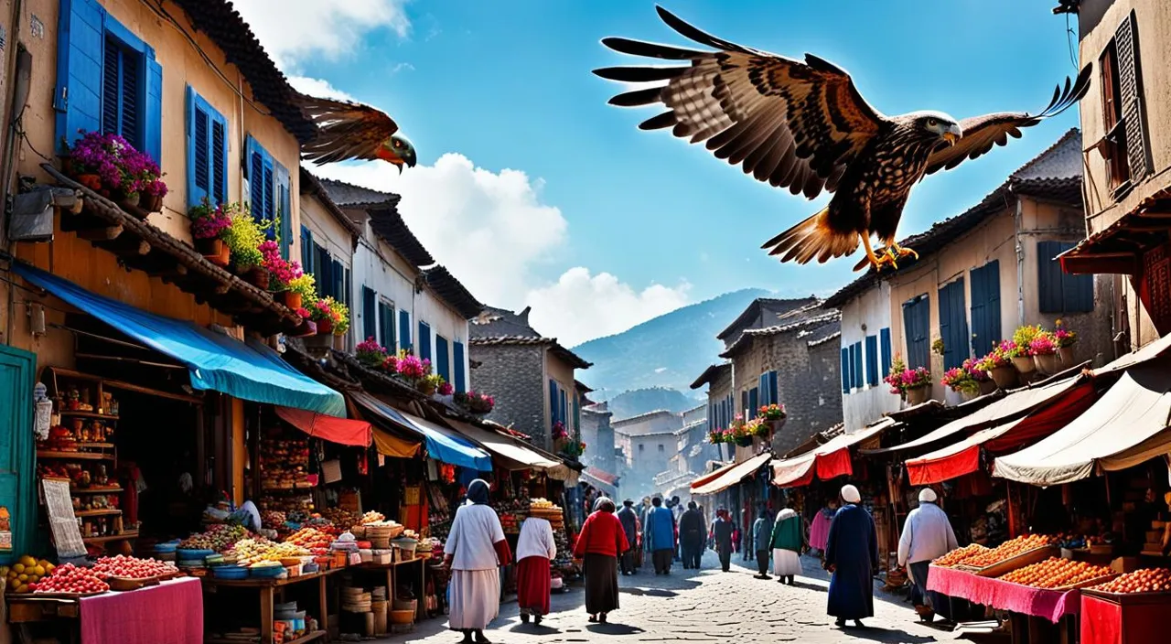 a large bird flying over a market filled with people