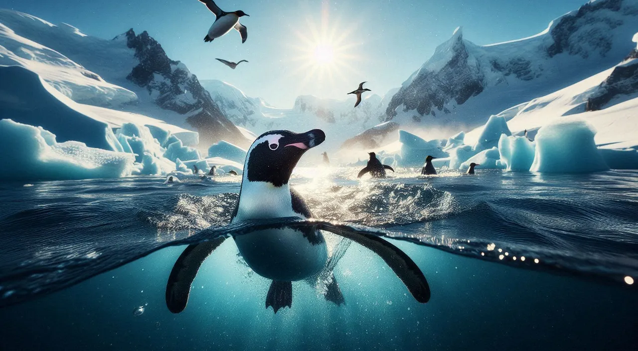 a group of penguins swimming in the ocean for collecting a football on water