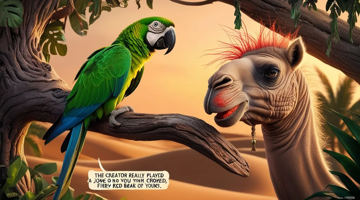 a cartoon of a camel and a parrot on a tree jungle