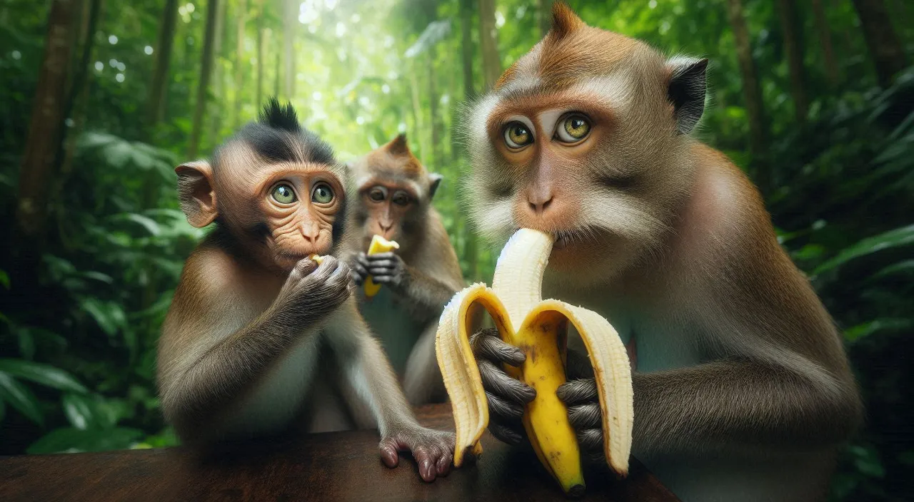 two monkeys eating bananas in a forest