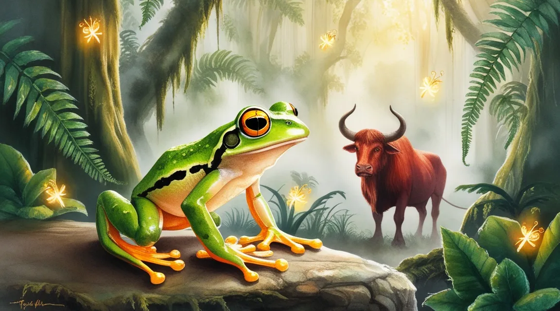 a painting of a frog and a bull in a jungle