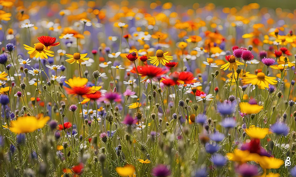 Mountaineer practicing yoga in a flower field