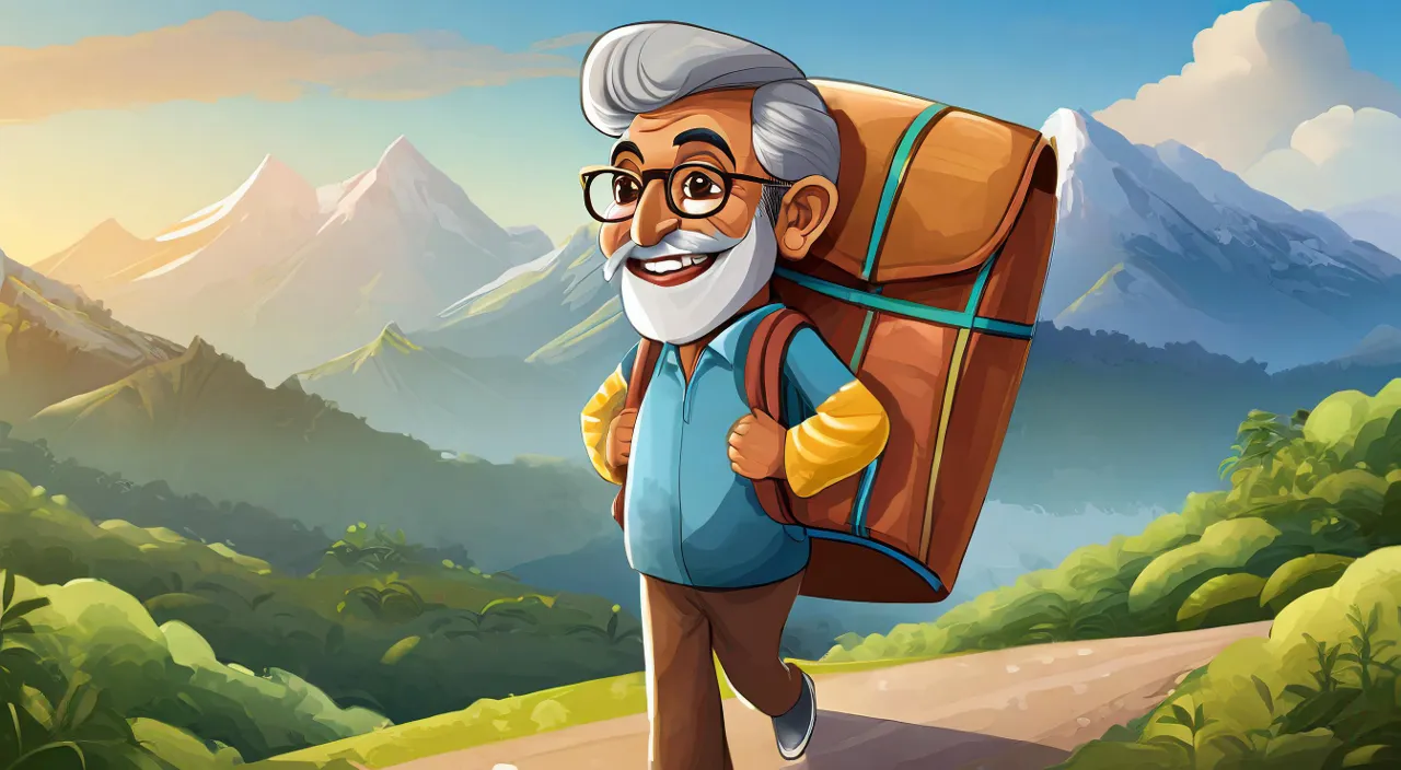 an old man with a beard carrying a backpack