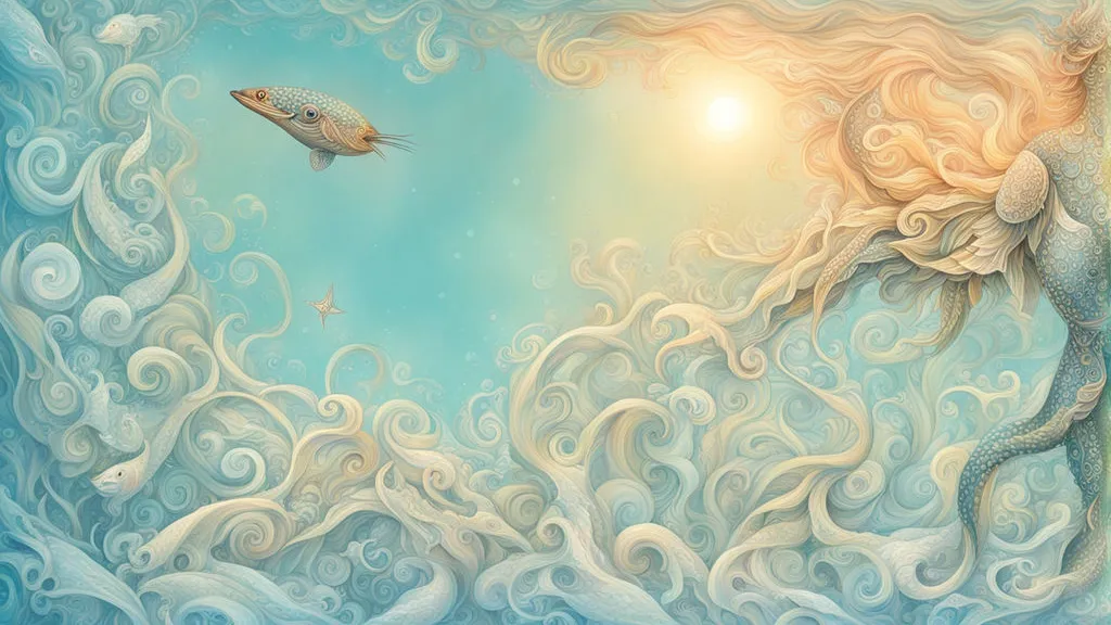 a painting of two mermaids and a fish in the ocean