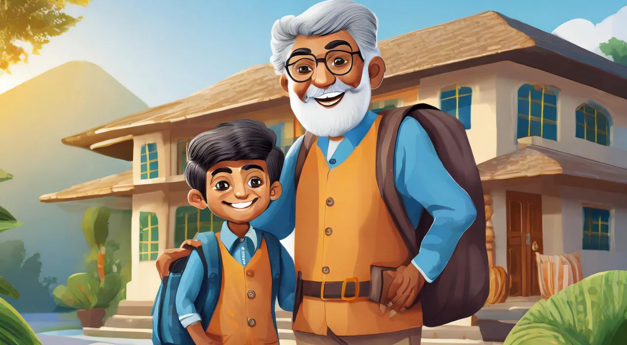 an old man and a young boy standing in front of a house