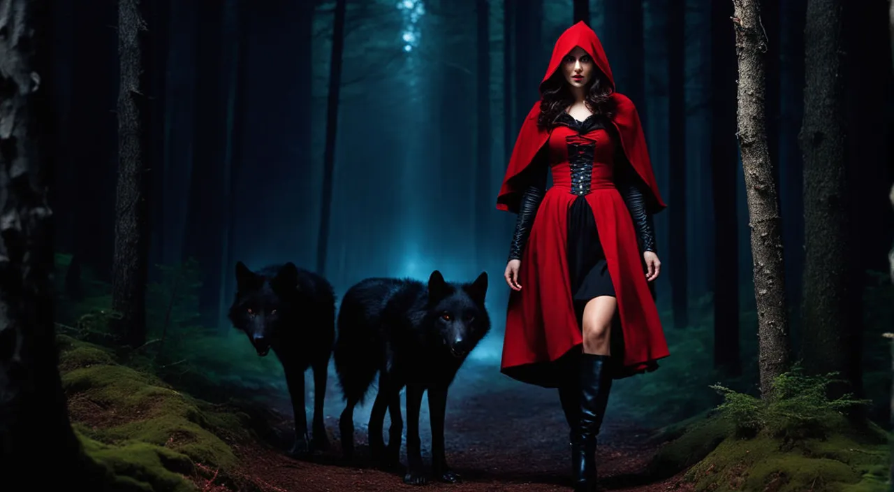 a woman in a red cloak and three black wolfs