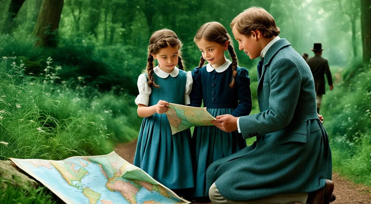 a man and two little girls looking at a map