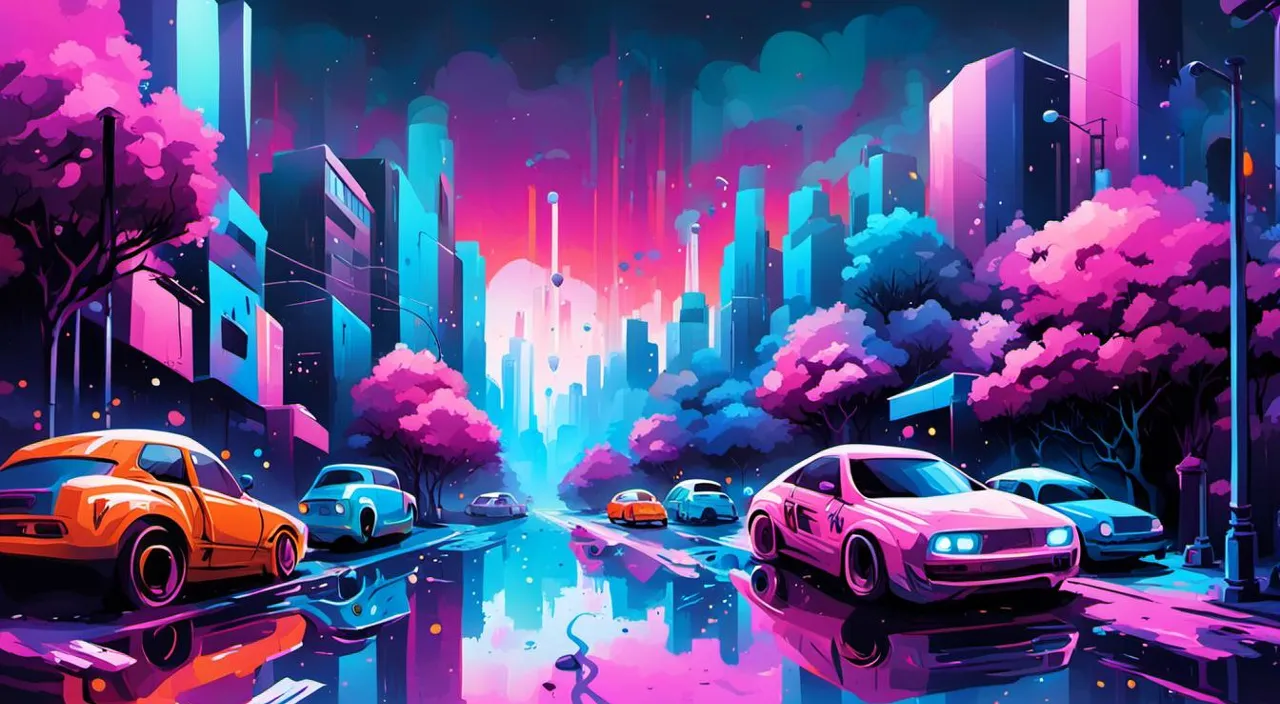 a painting of cars driving down a city street