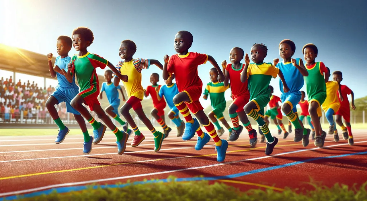 a group of children running on a track