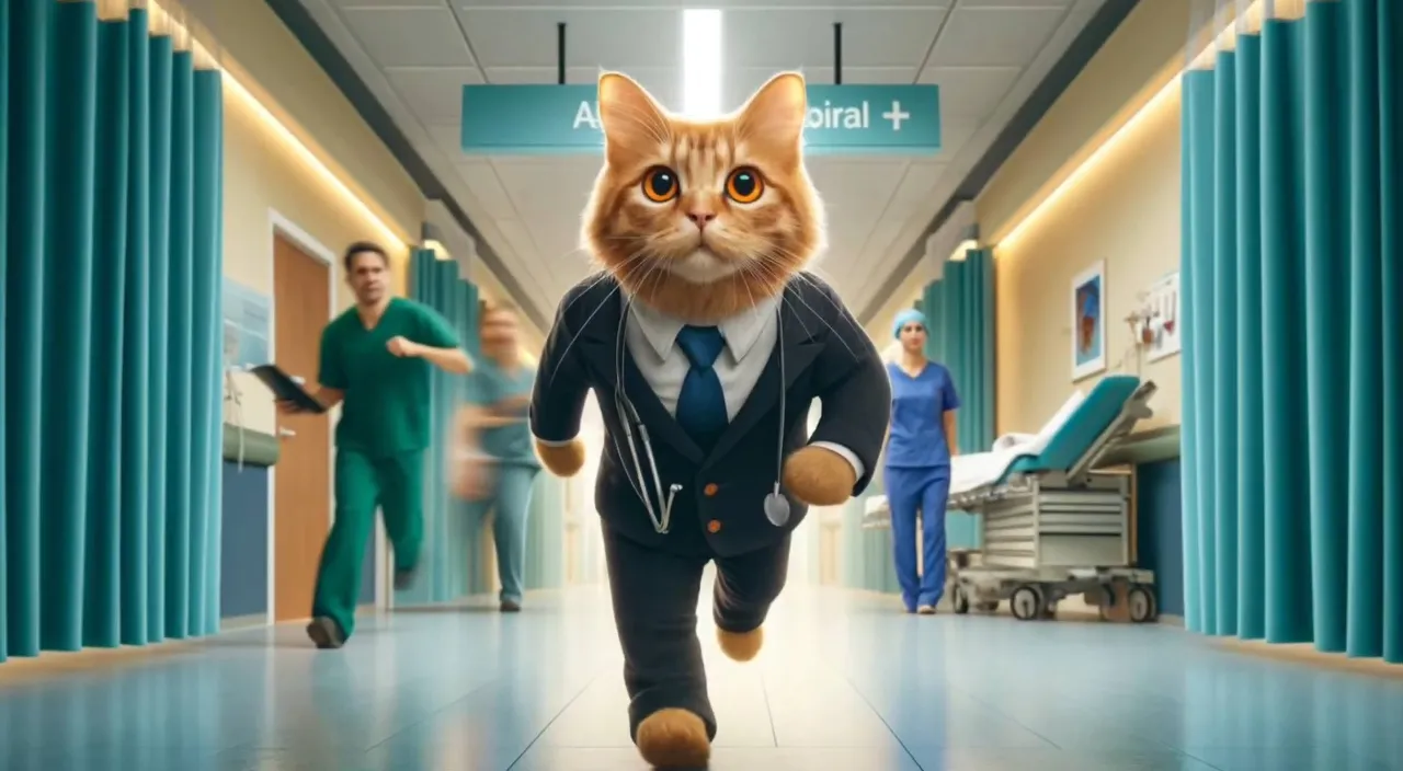 a cat in a suit running down a hospital hallway