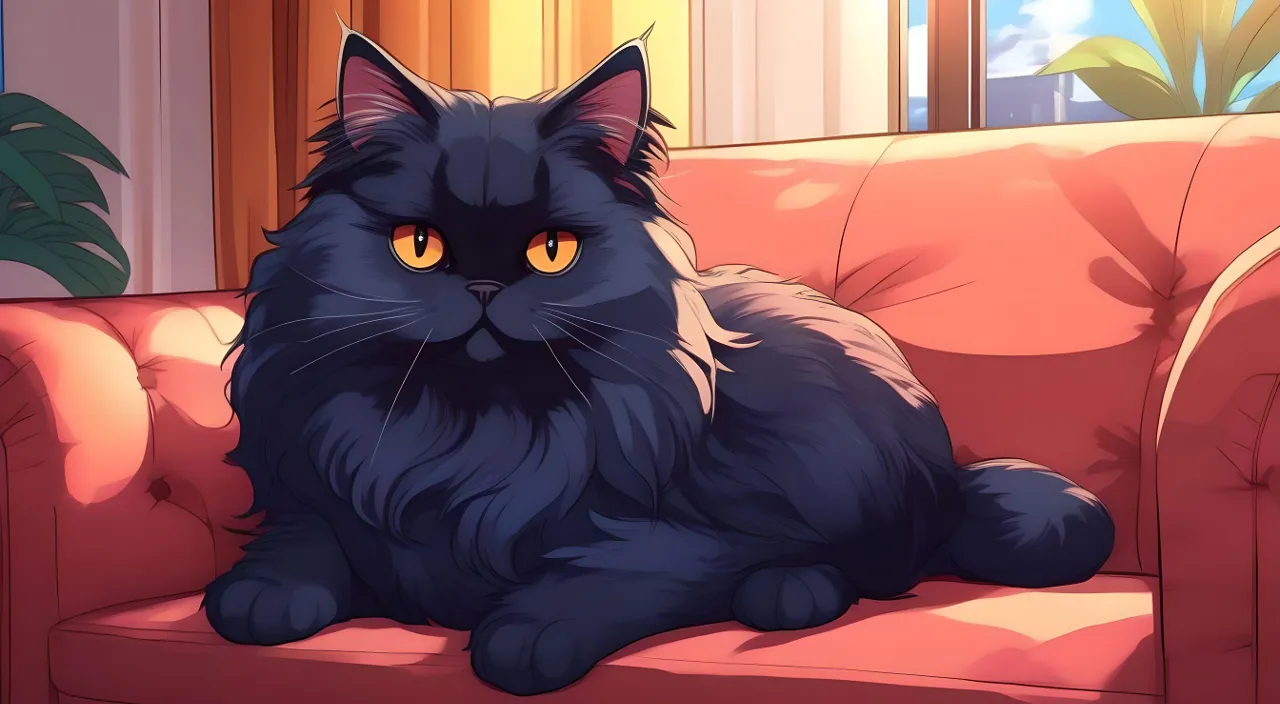 a black cat sitting on top of a red couch growling