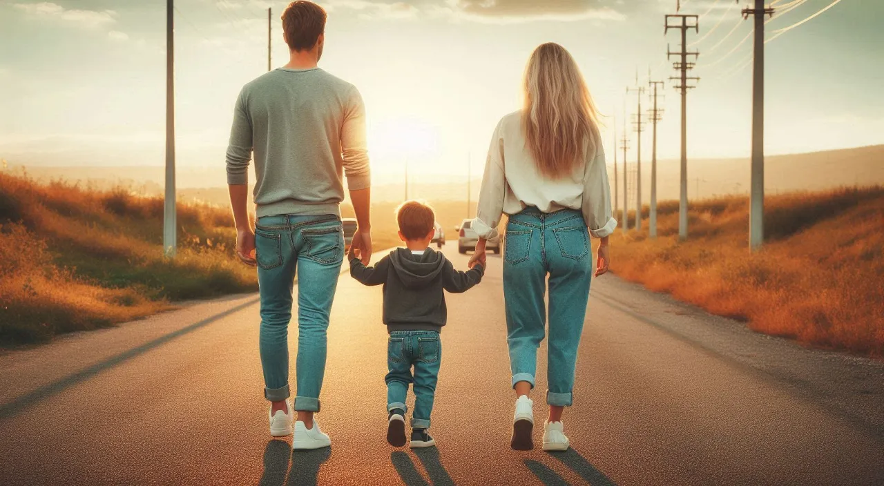 a man and woman walking down with a boy on road holding hands