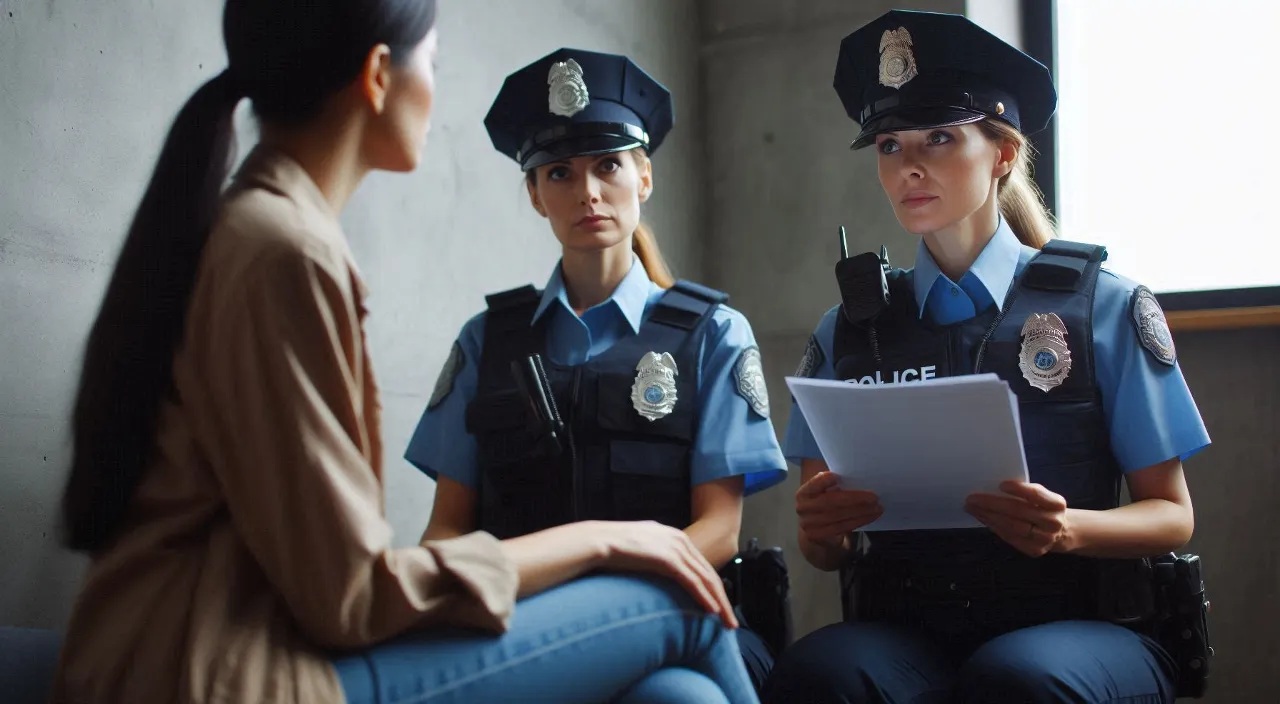 two women and a general lady in police uniforms talking to each other